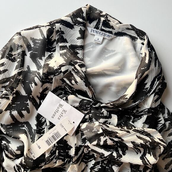 Pendleton Silk Secretary Black & White Blouse Houndstooth Tie Neck Office Sz 6 - Picture 16 of 16